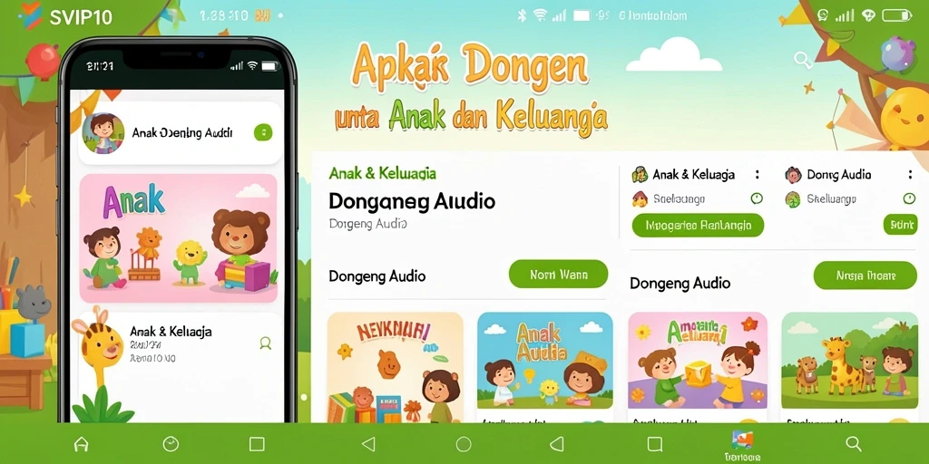 Antarmuka aplikasi SVIP10 dengan koleksi dongeng audio yang menarik.